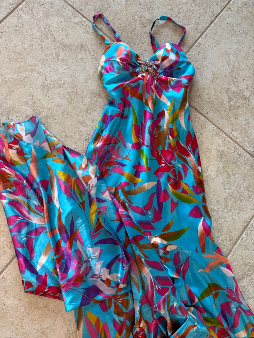 Cache Turquoise rhinestone studded bust satin Maxi Dress wedding, prom, cruise